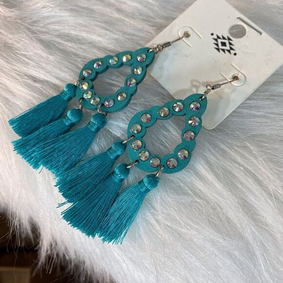 Turquoise Large Wood Teardrop with Rhinestones and Tassels - Picture 1 of 3